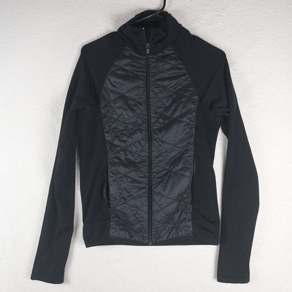Athleta Hybrid Jacket Womens L Black Quilted Full Zip Ribbed Knit